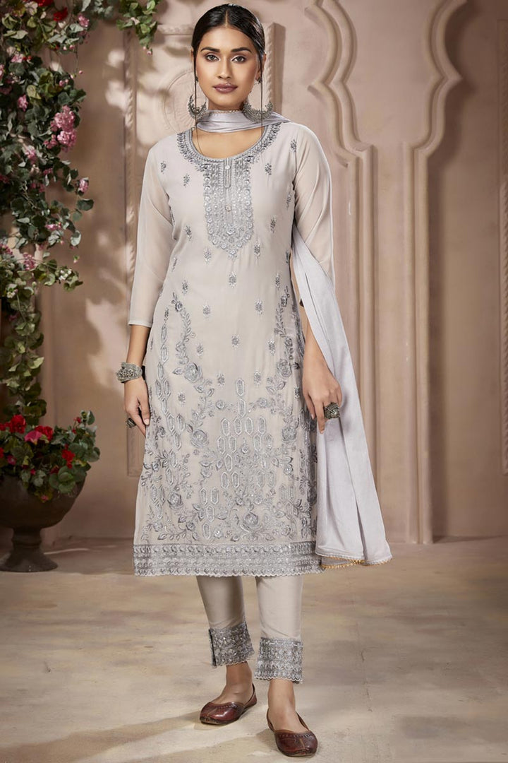 Grey Color Embellished Festive Look Salwar Suit In Georgette Fabric
