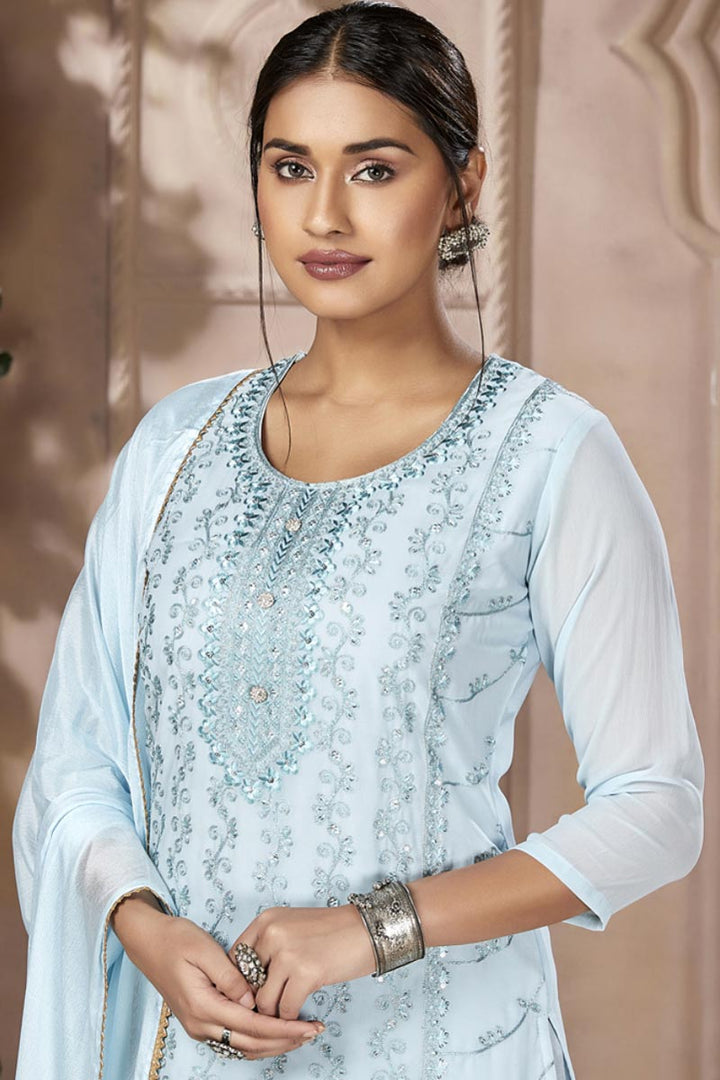 Stunning Light Cyan Color Georgette Fabric Festive Look Salwar Suit