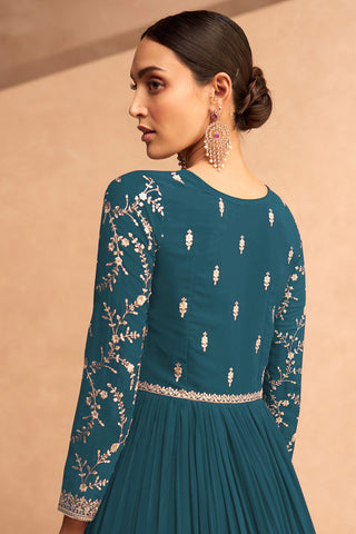 Georgette Fabric Function Wear Anarkali Suit In Teal Color