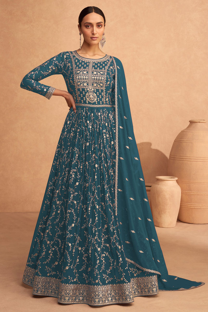 Georgette Fabric Function Wear Anarkali Suit In Teal Color