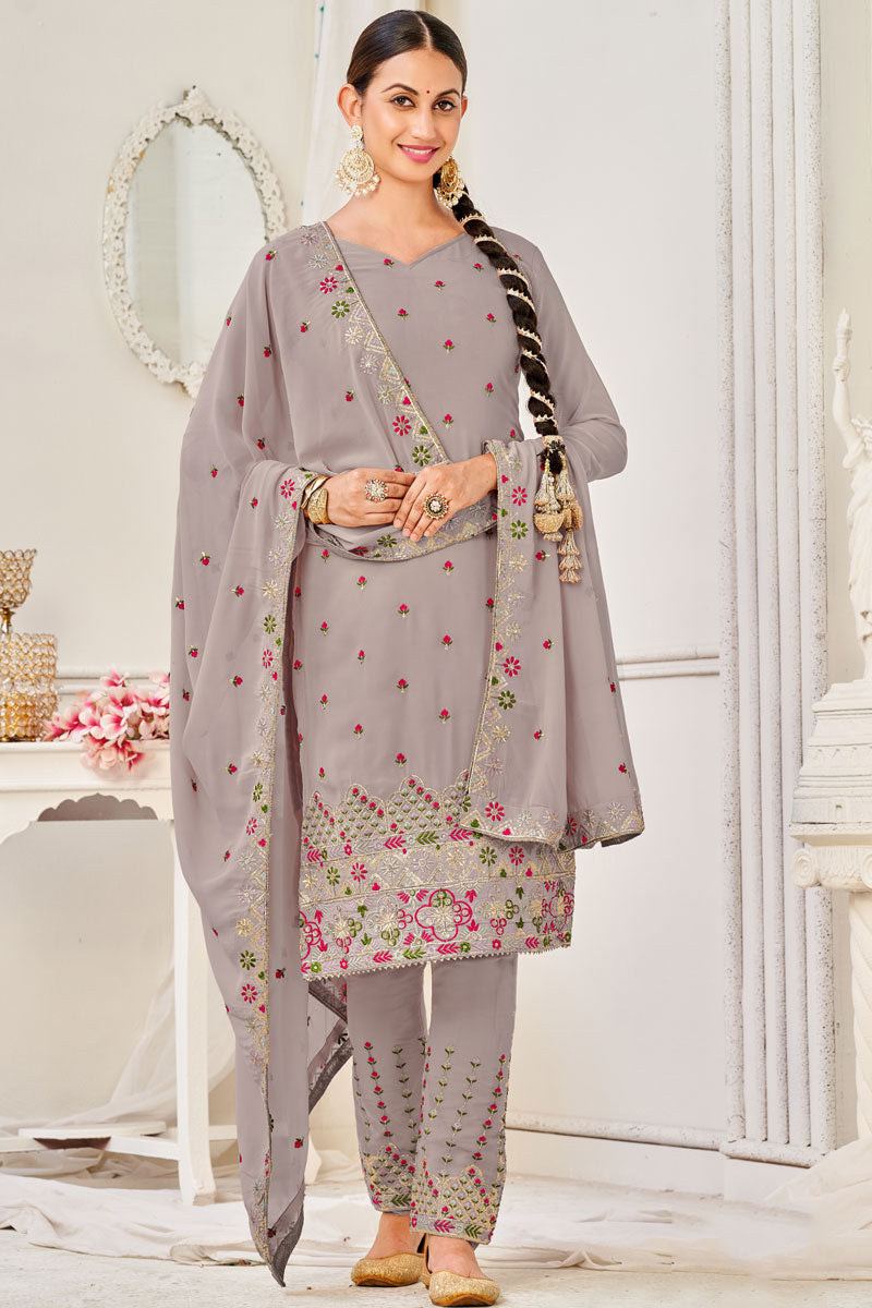 Radiant Grey Embroidered Georgette Salwar Suit