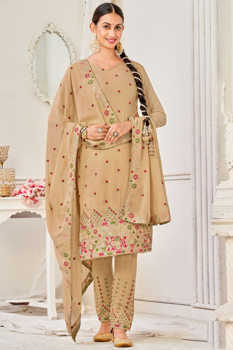 Cream Elegant Embroidered Georgette Salwar Suit