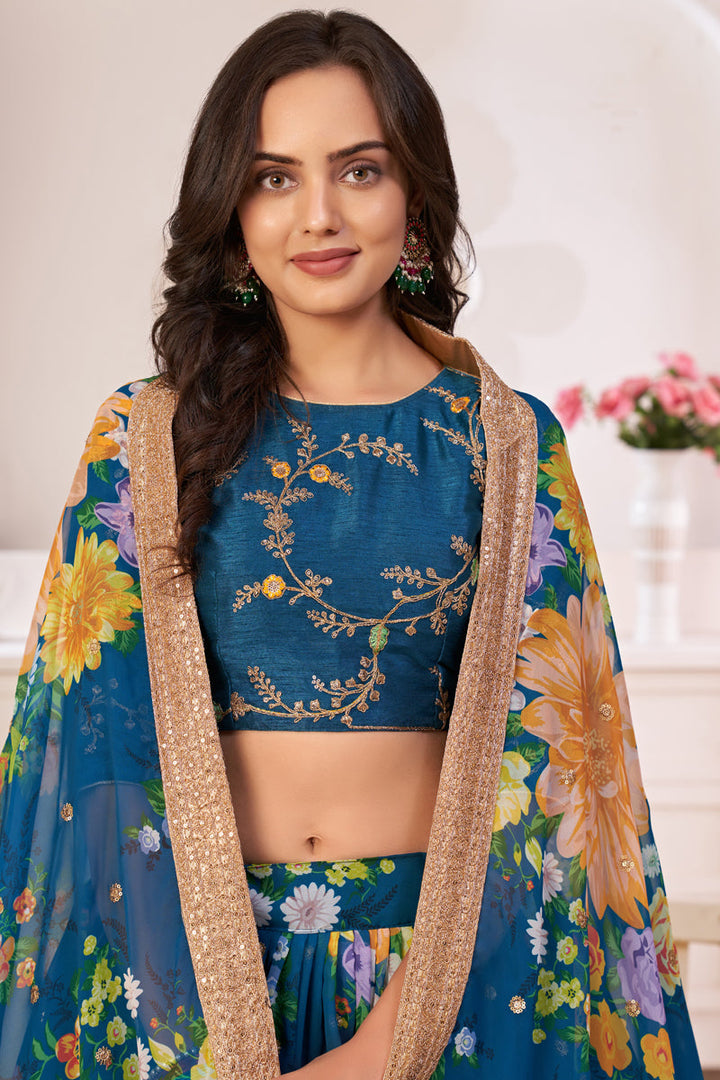 Sangeet Wear Stunning Blue Color Lehenga Choli In Georgette Fabric