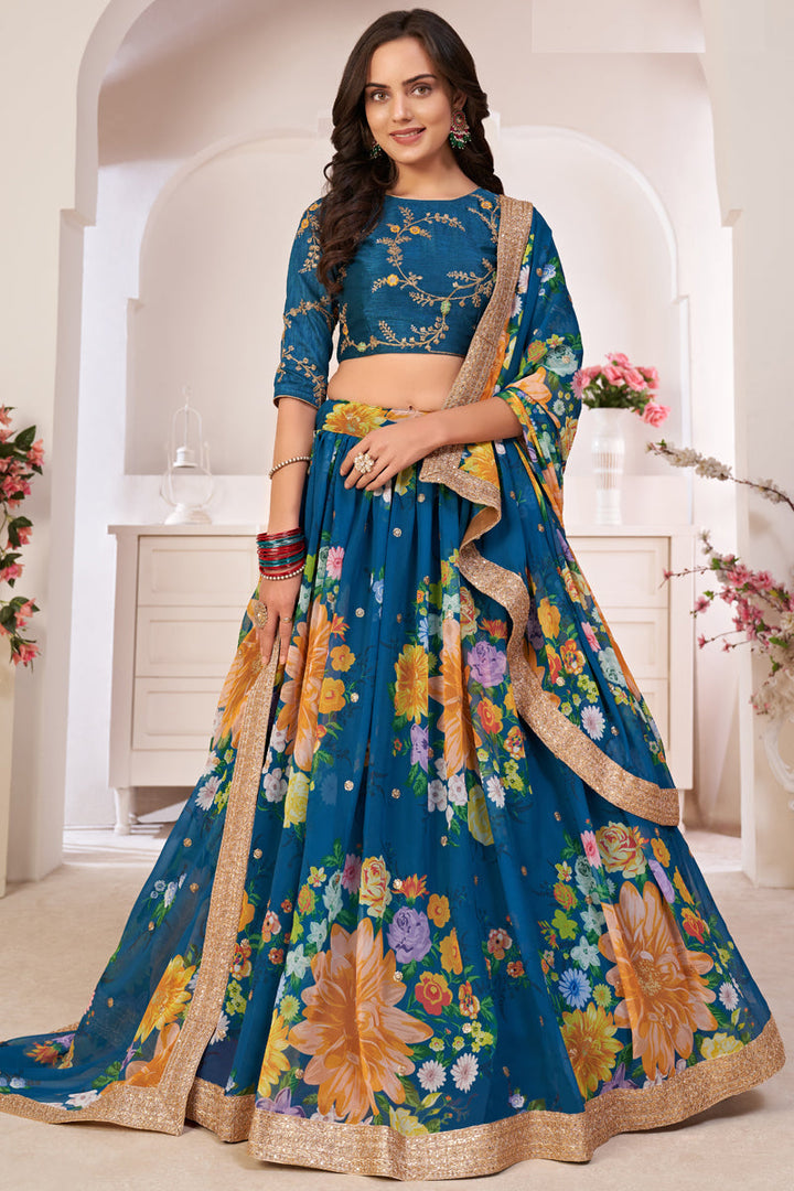 Sangeet Wear Stunning Blue Color Lehenga Choli In Georgette Fabric