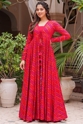 Rani Color Georgette Fabric Fancy Printed 3 Piece Koti Style Readymade Indo Western Suit