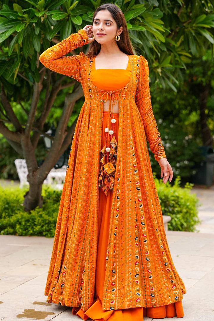 Georgette Fabric Orange Color Printed 3 Piece Koti Style Readymade Indo Western Suit