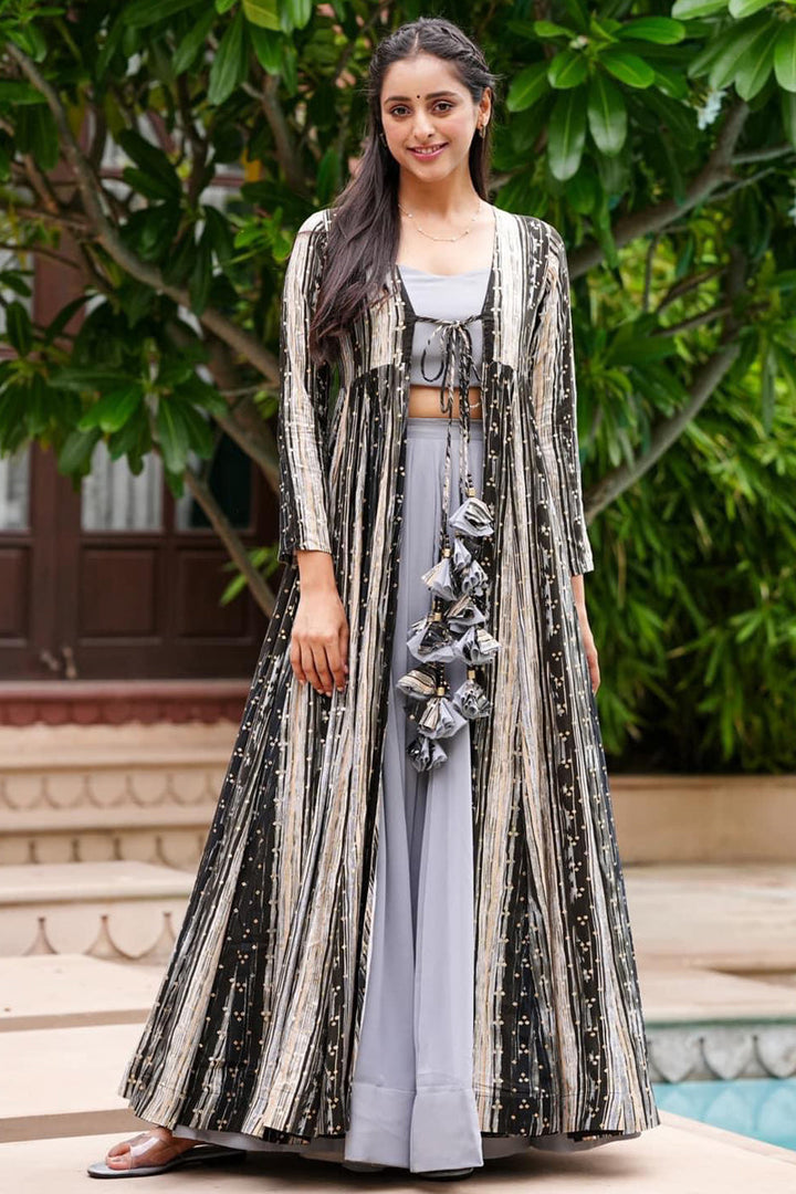 Grey Color Printed 3 Piece Koti Style Readymade Indo Western Suit In Georgette Fabric