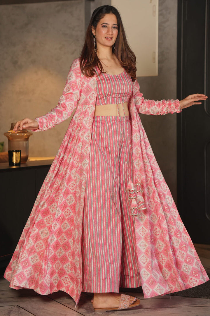 Printed 3 Piece Koti Style Readymade Indo Western Suit In Rayon Fabric Pink Color