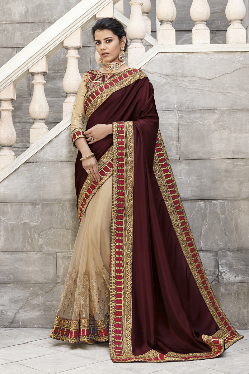 Designer Wine Color Fancy Fabric Party Wear Saree