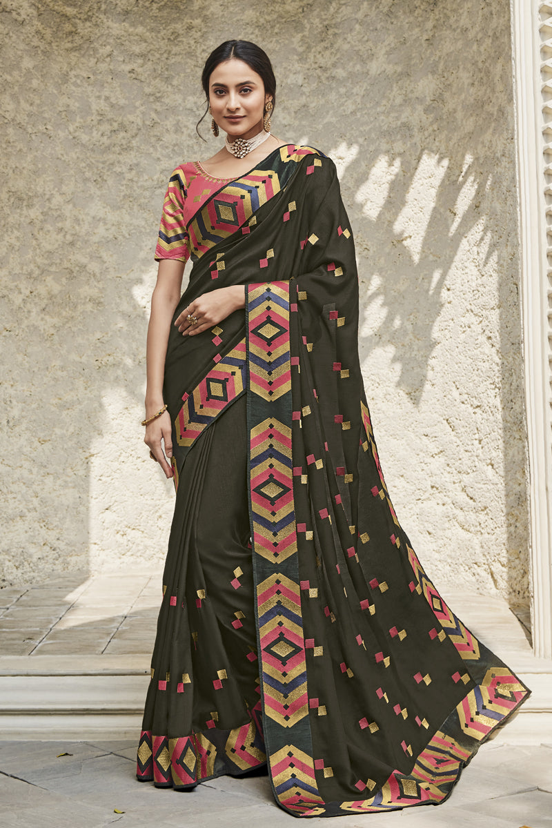 Designer Fancy Fabric Dark Olive Color Party Wear Saree