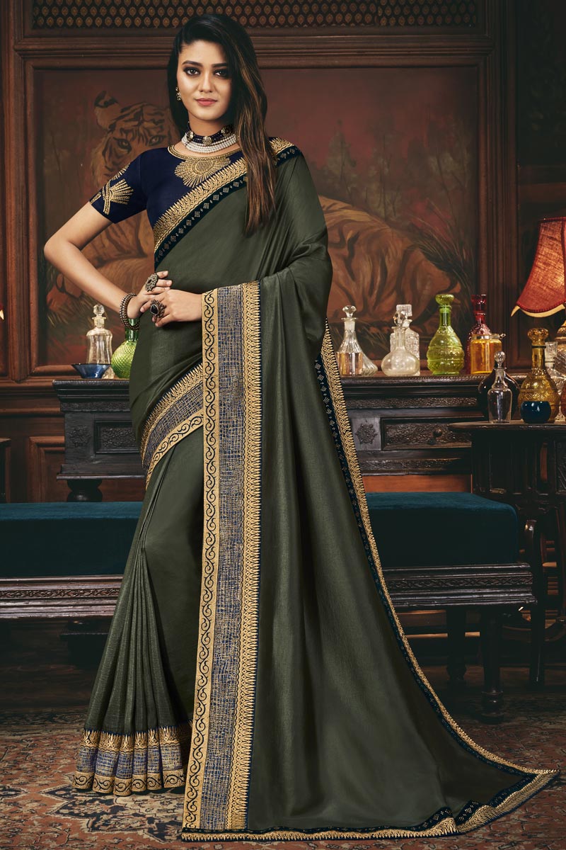 Grey Color Reception Wear Fancy Art Silk Fabric Border Work Saree