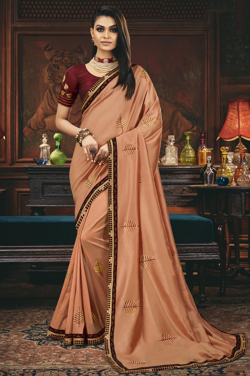 Festive Wear Art Silk Fabric Border Work Saree In Peach Color