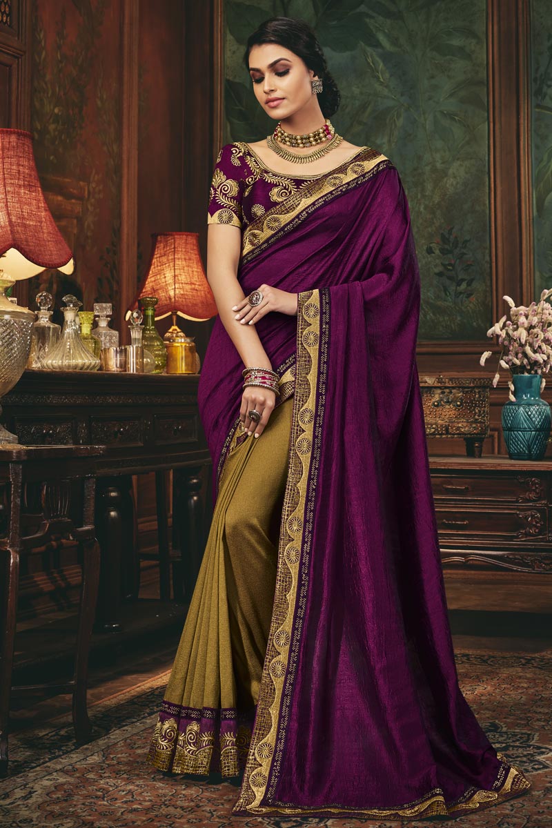 Art Silk Fabric Festive Wear Border Work Saree In Purple Color