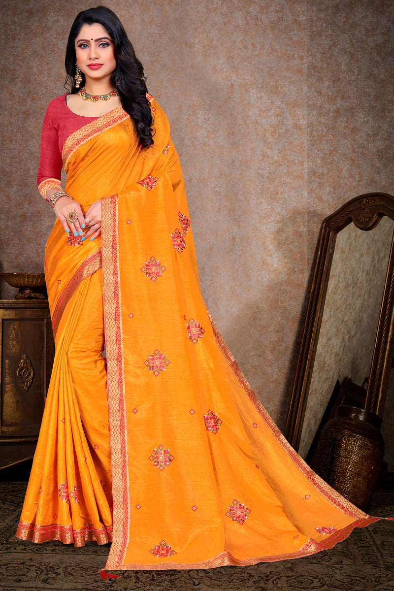 Yellow Color Designer Festive Wear Border Work Art Silk Saree