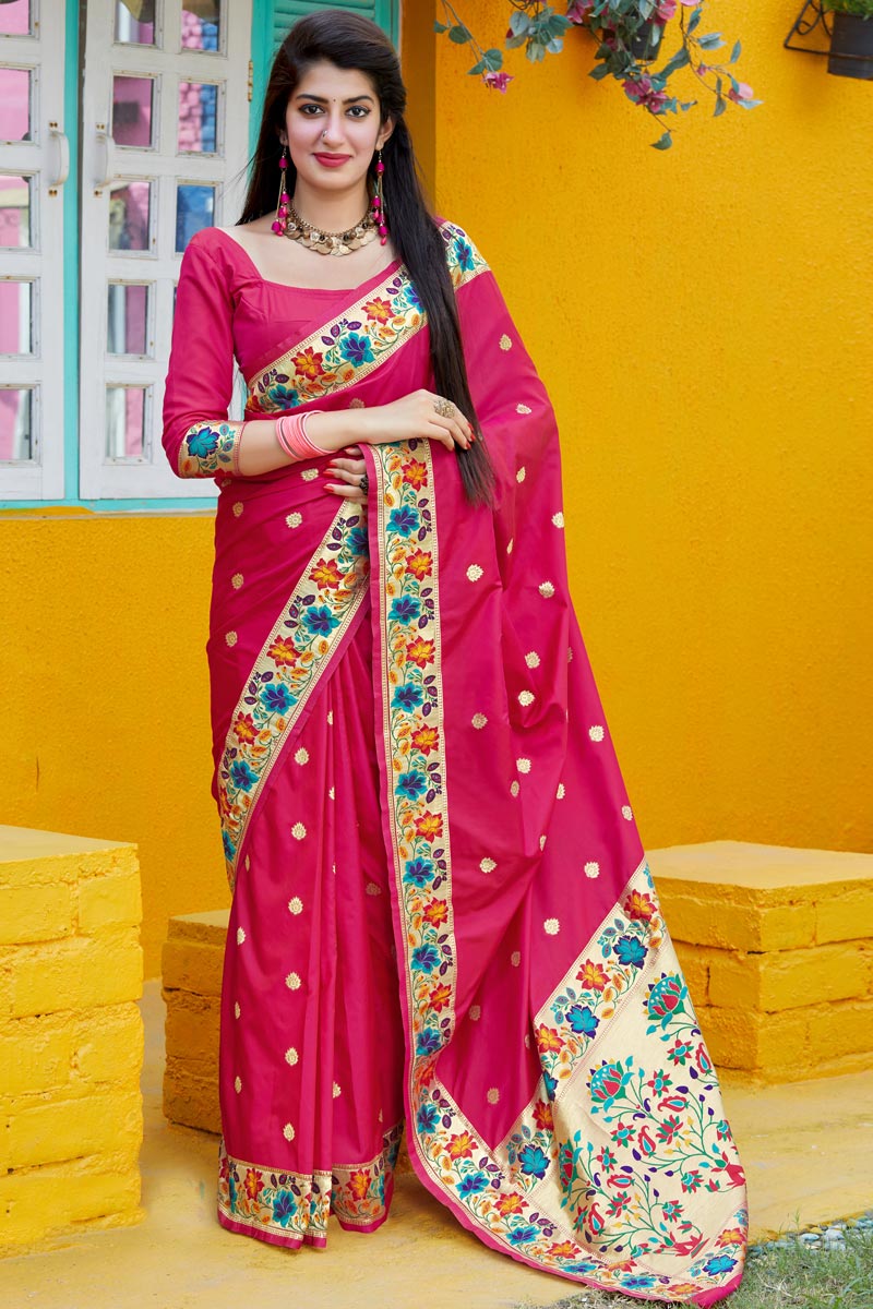 Rani Color Party Wear Art Silk Fabric Chic Weaving Work Saree