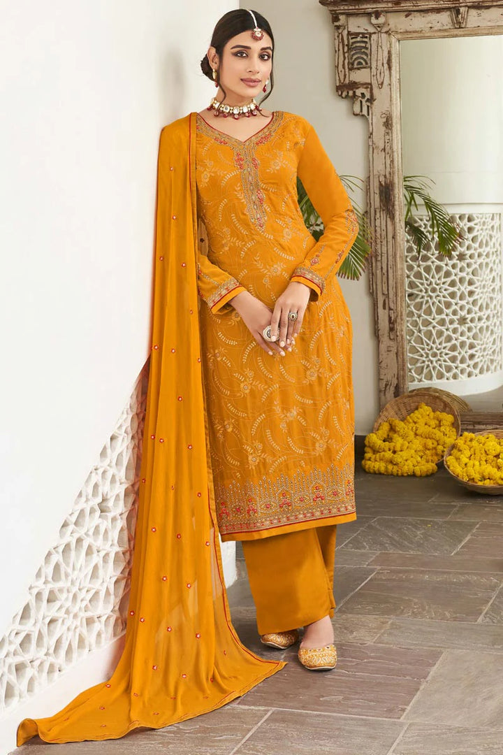 Mustard Color Georgette Fabric Remarkable Festive Salwar Suit