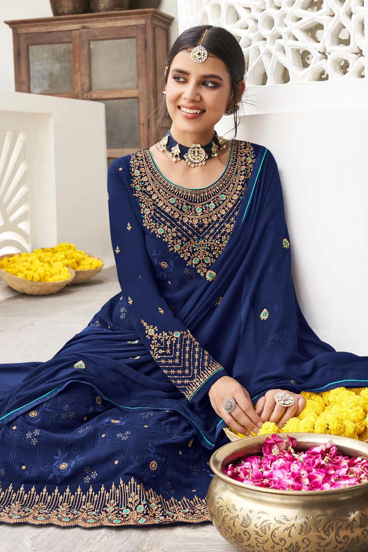 Georgette Fabric Superior Festive Salwar Suit In Blue Color
