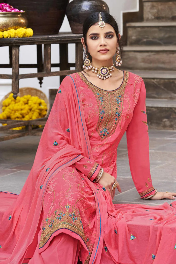 Georgette Fabric Pink Color Engrossing Festive Salwar Suit
