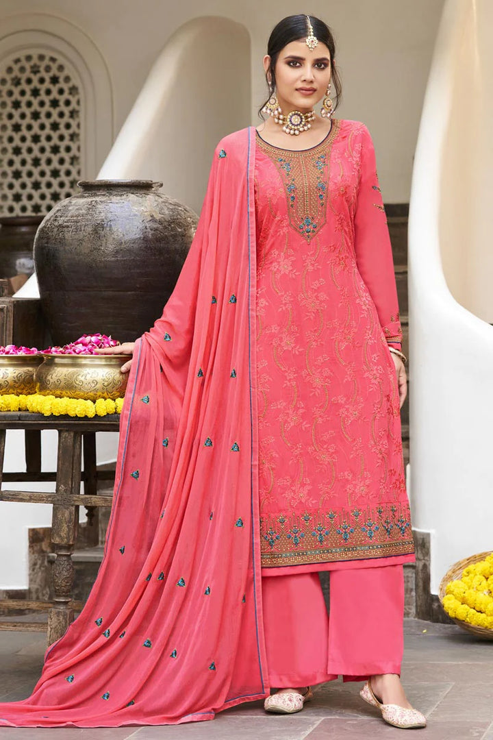 Georgette Fabric Pink Color Engrossing Festive Salwar Suit