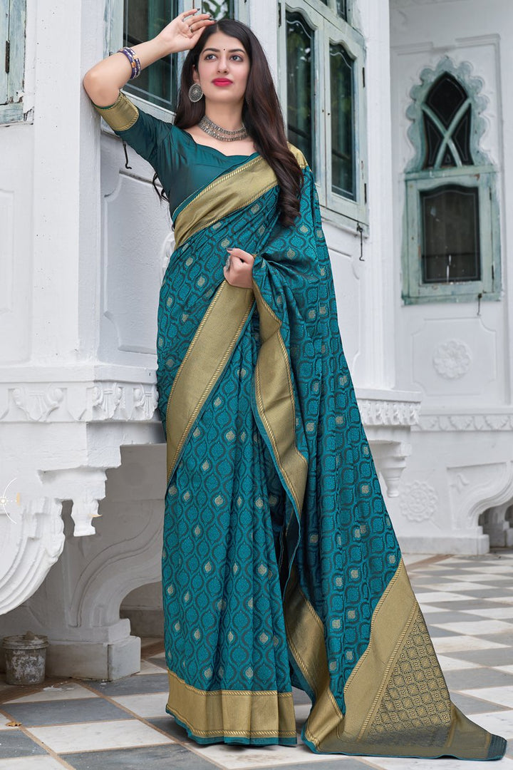 Festive Wear Art Silk Fabric Weaving Work Saree In Teal Color