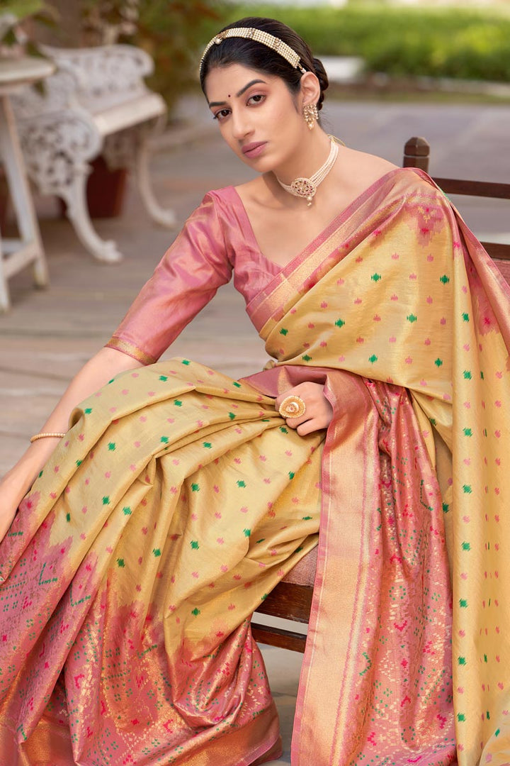 Beige Color Weaving Work Art Silk Fabric Party Wear Stylish Saree