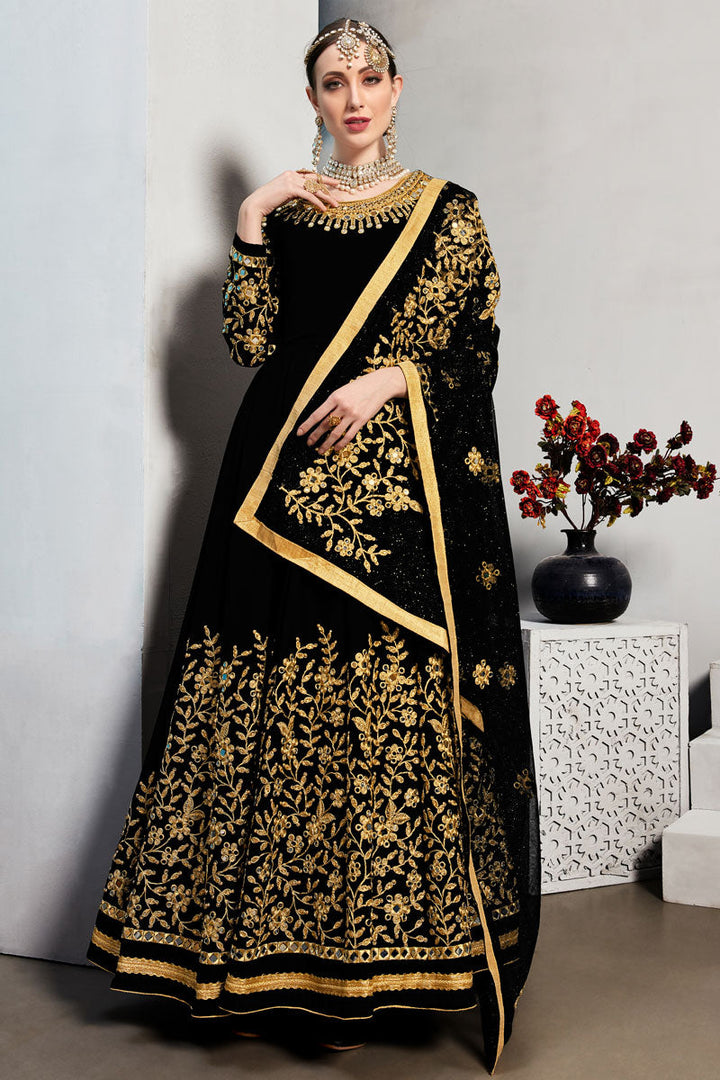 Black Color Georgette Fabric Function Wear Luxuriant Anarkali Suit With Embroidered Work