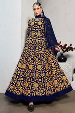 Load image into Gallery viewer, Navy Blue Color Embroidered Work On Function Wear Mesmeric Anarkali Suit In Georgette Fabric
