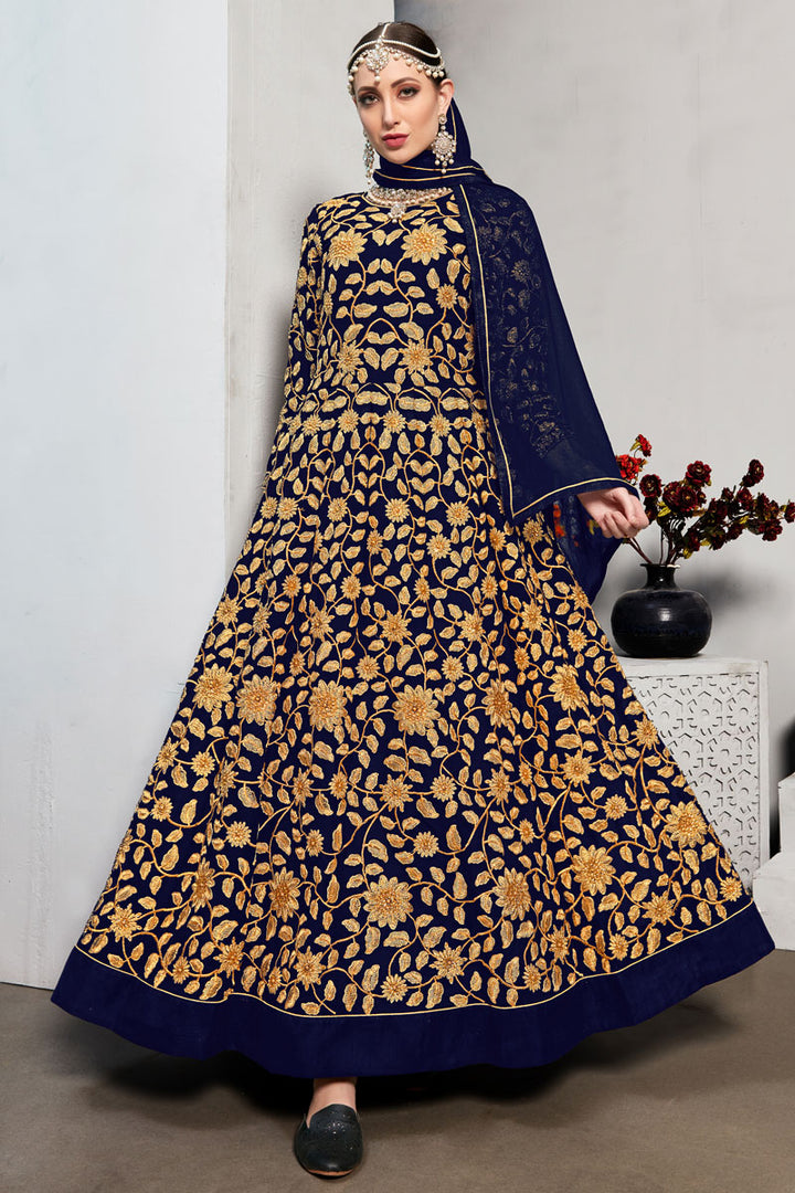 Navy Blue Color Embroidered Work On Function Wear Mesmeric Anarkali Suit In Georgette Fabric