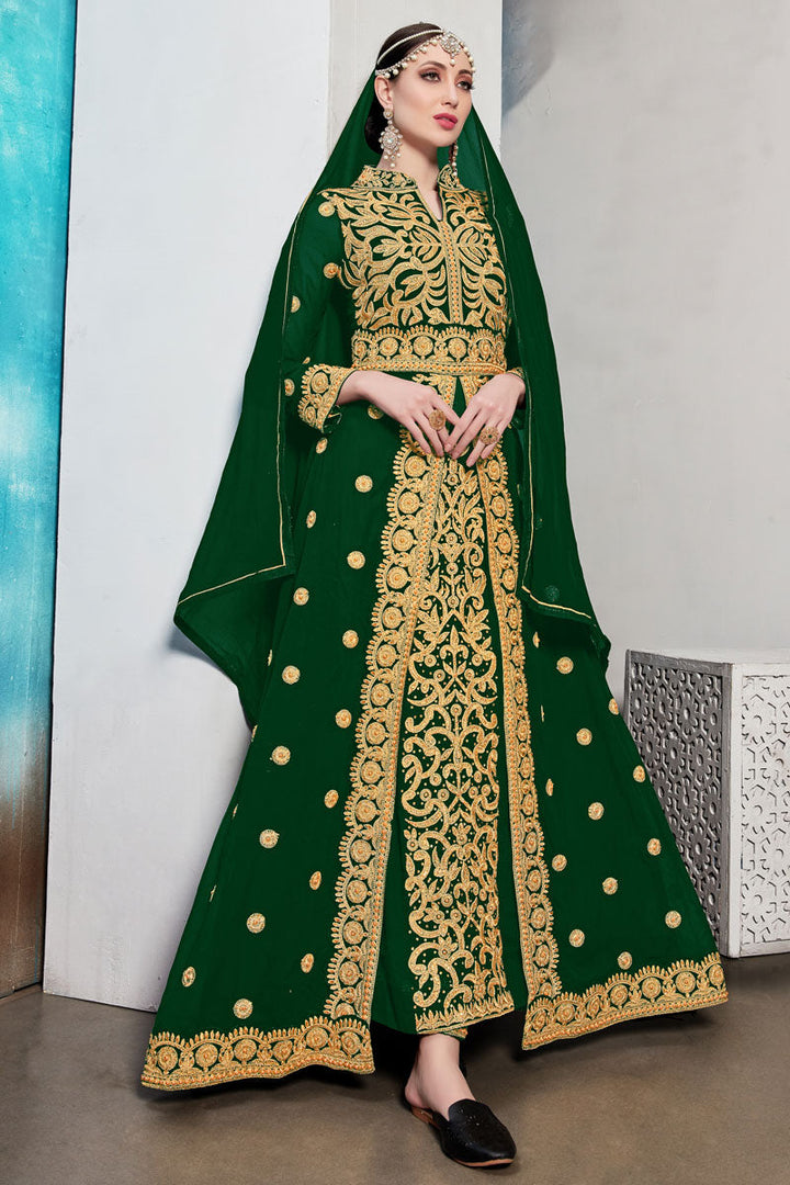 Radiant Embroidered Work On Green Color Georgette Fabric Function Wear Anarkali Suit