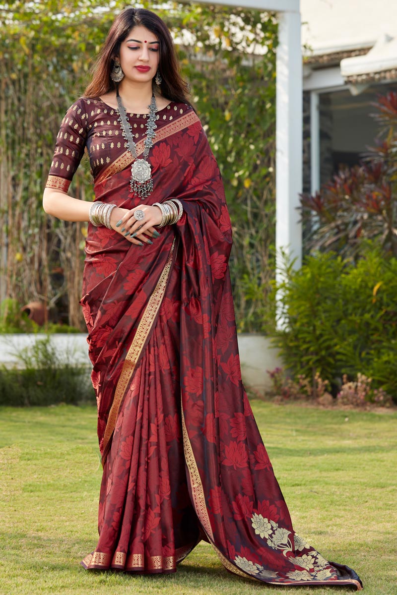 Party Wear Banarasi Style Art Silk Fabric Chic Weaving Work Saree In Maroon