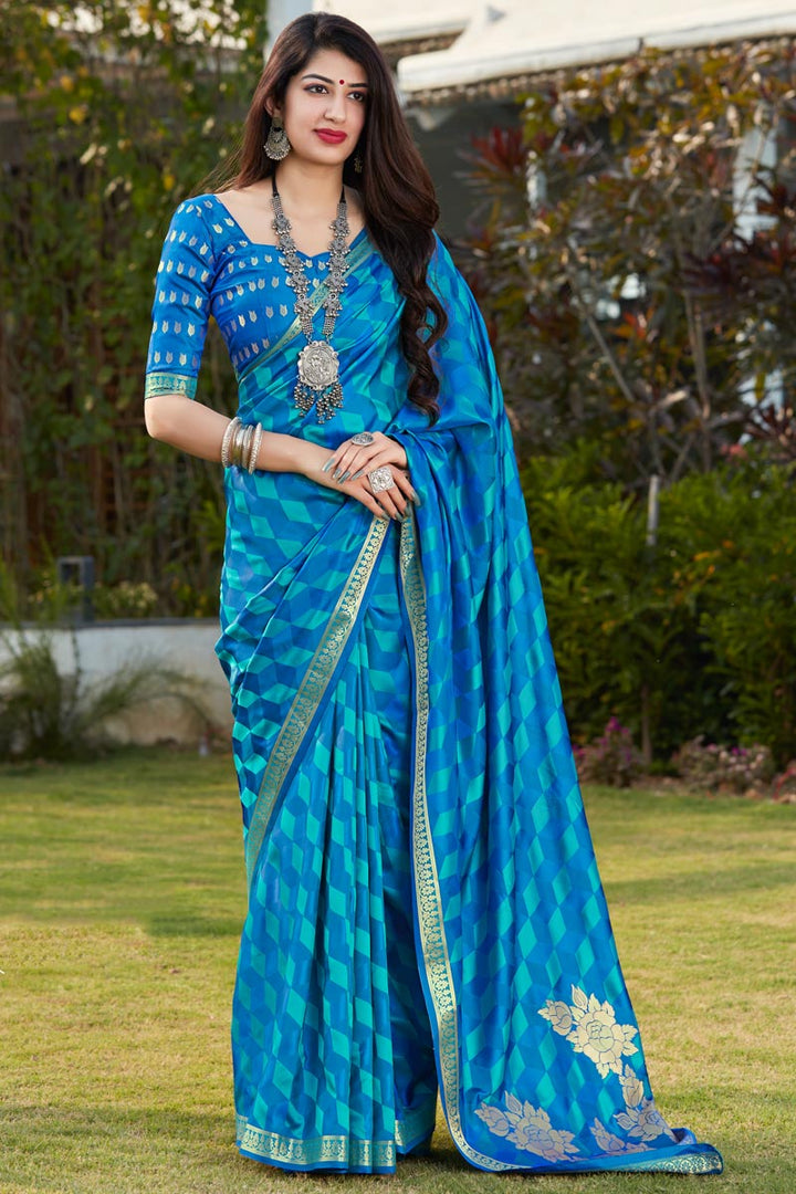 Banarasi Style Art Silk Fabric Chic Party Wear Sky Blue Weaving Work Saree