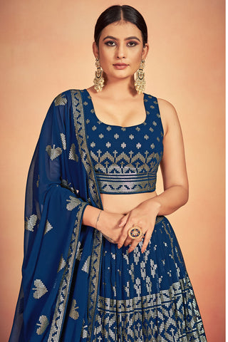 Glamorous Sequins Work Georgette Blue Color Readymade Lehenga Choli