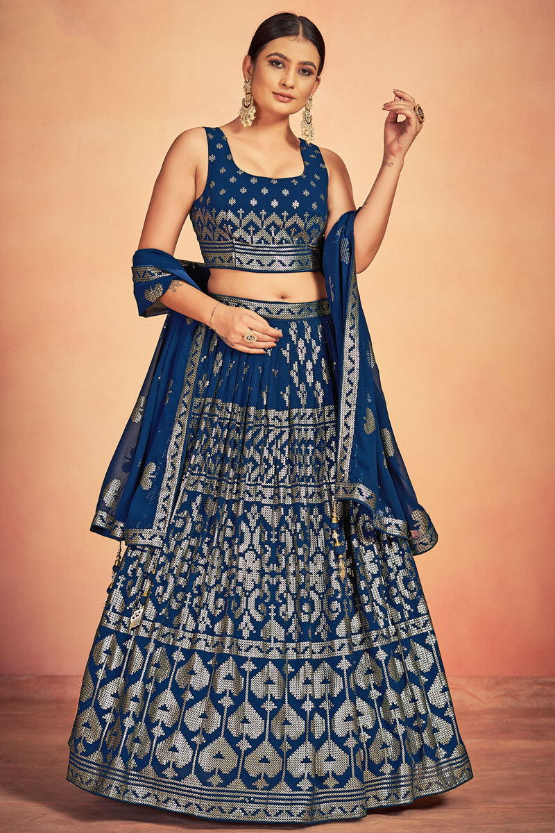 Glamorous Sequins Work Georgette Blue Color Readymade Lehenga Choli