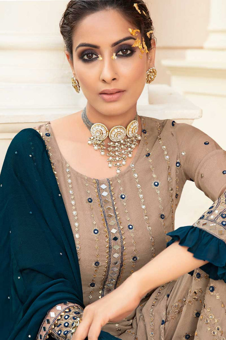 Chikoo Color Georgette Fabric Function Wear Tempting Palazzo Suit
