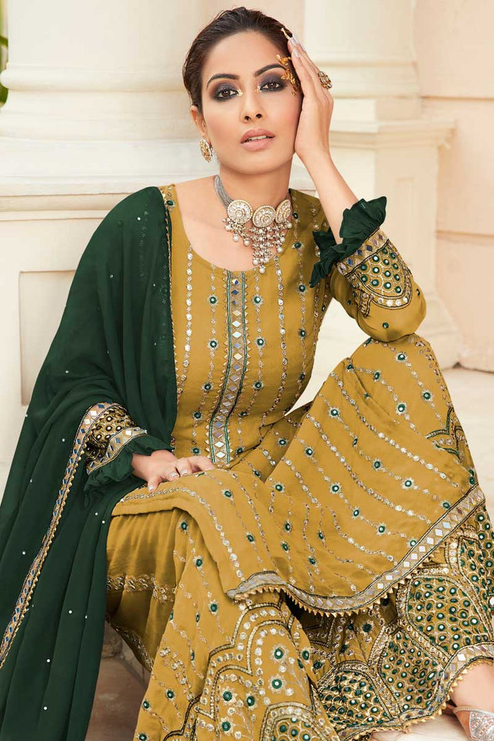 Georgette Fabric Function Wear Beatific Palazzo Suit In Mustard Color