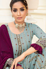 Load image into Gallery viewer, Function Wear Light Cyan Color Inventive Palazzo Suit In Georgette Fabric
