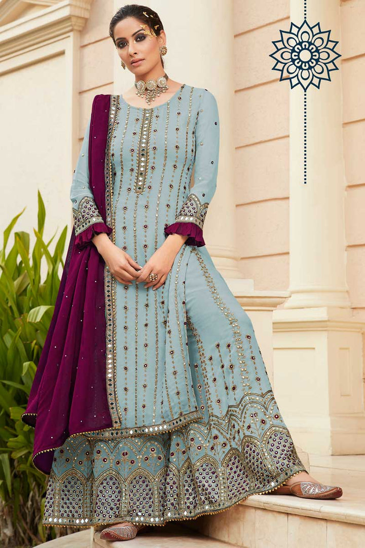 Function Wear Light Cyan Color Inventive Palazzo Suit In Georgette Fabric