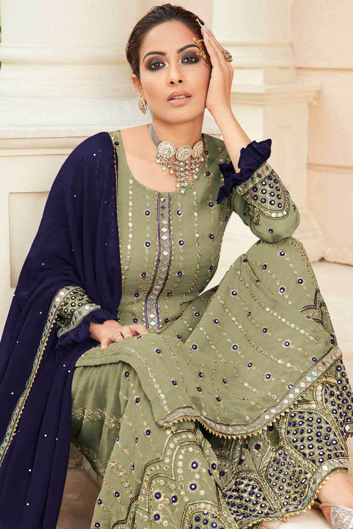 Khaki Color Georgette Fabric Alluring Function Wear Palazzo Suit