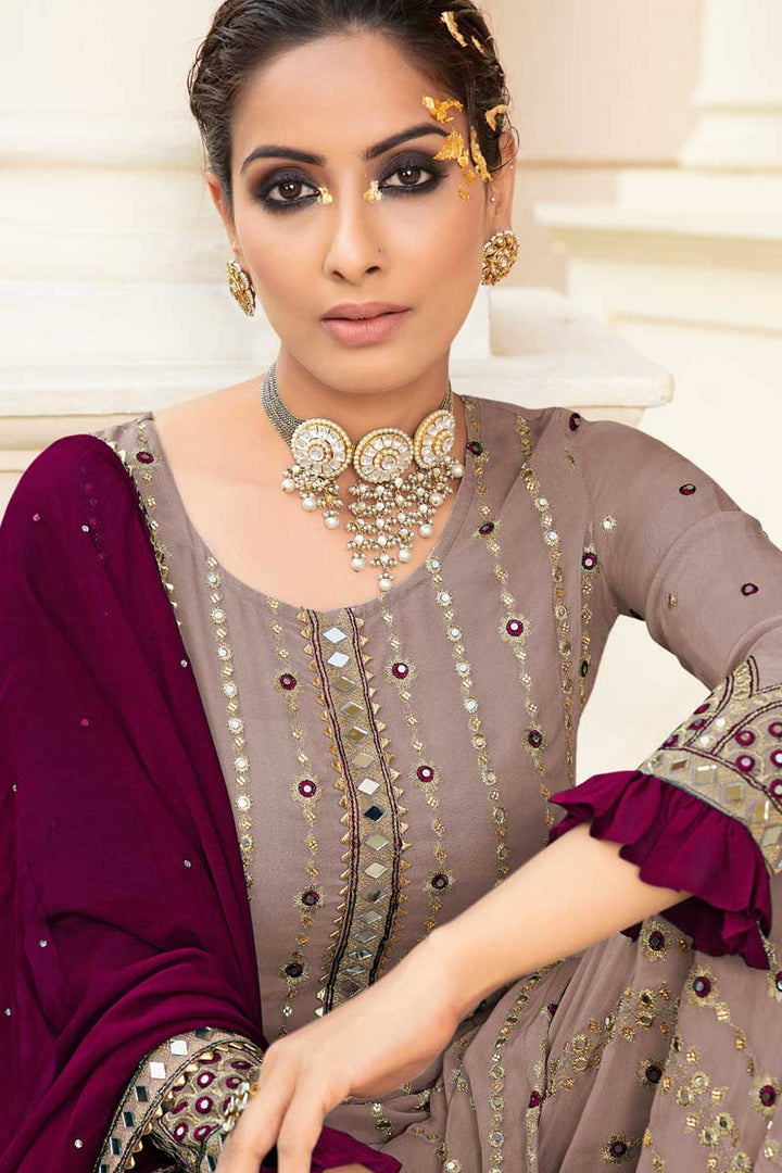 Georgette Fabric Beige Color Function Wear Elegant Palazzo Suit