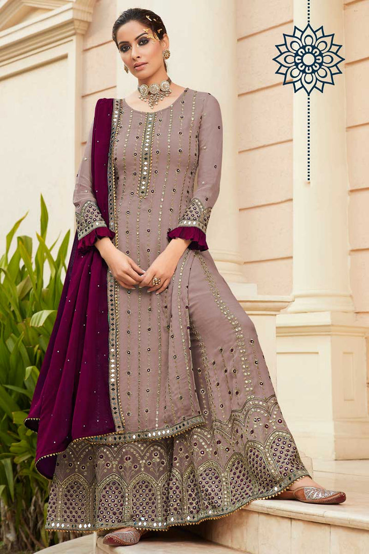 Georgette Fabric Beige Color Function Wear Elegant Palazzo Suit