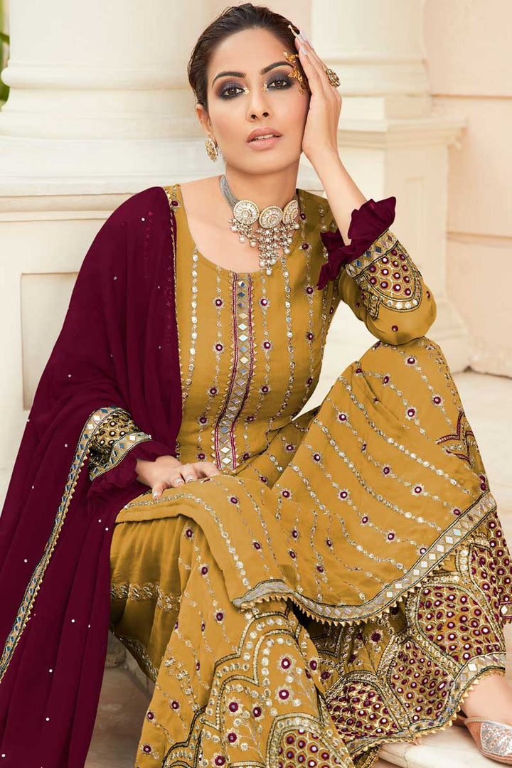 Yellow Color Georgette Fabric Function Wear Classic Palazzo Suit
