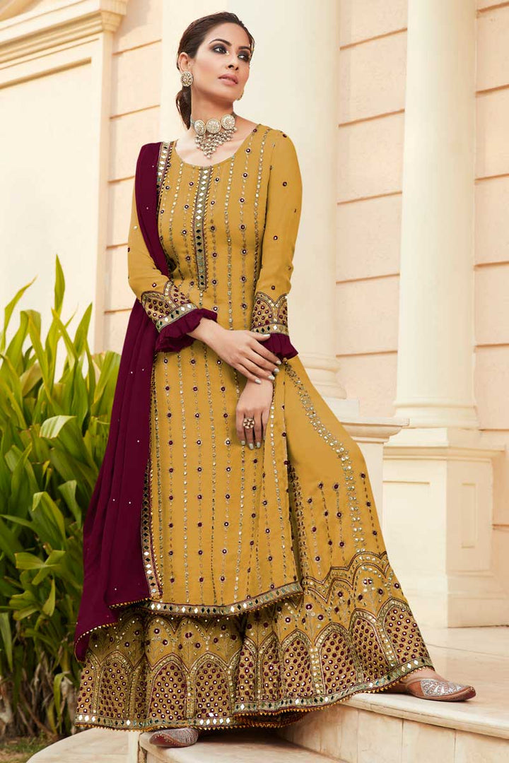 Yellow Color Georgette Fabric Function Wear Classic Palazzo Suit