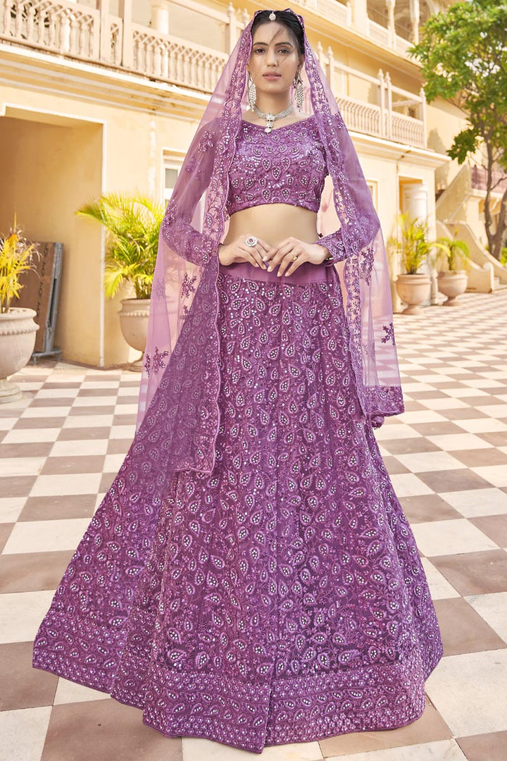 Tempting Lavender Color Net Fabric Embroidered Lehenga