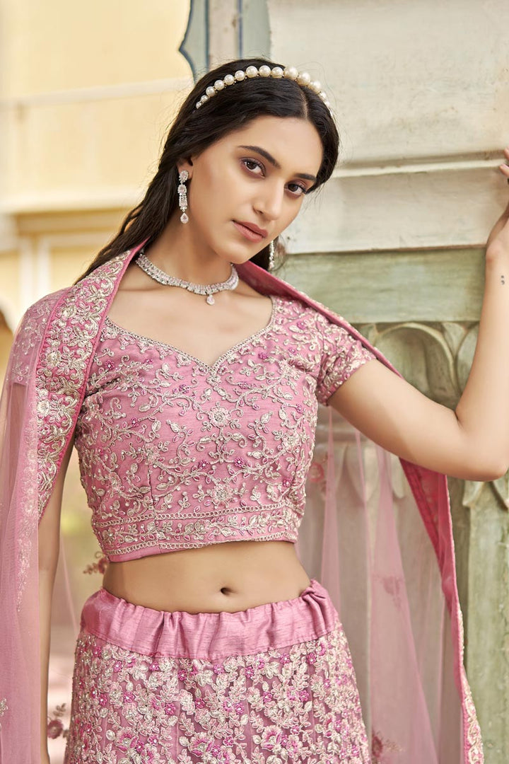 Pink Color Wonderful Embroidered Lehenga In Net Fabric