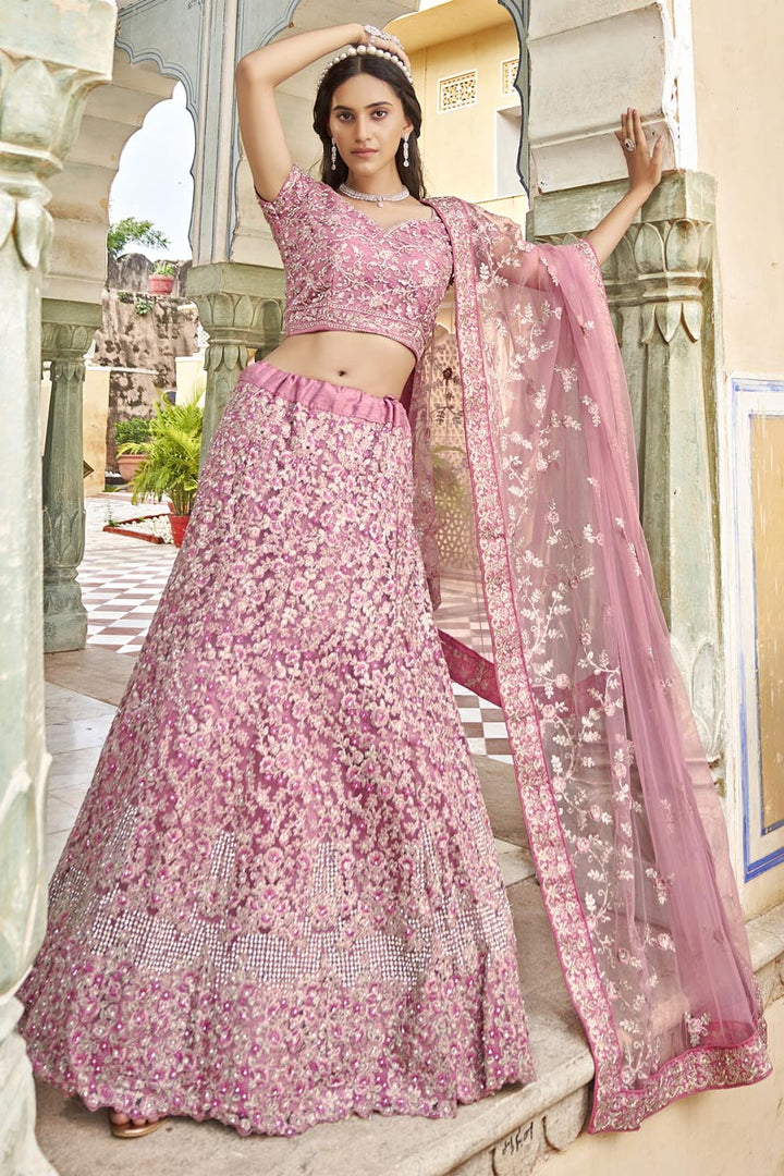 Pink Color Wonderful Embroidered Lehenga In Net Fabric