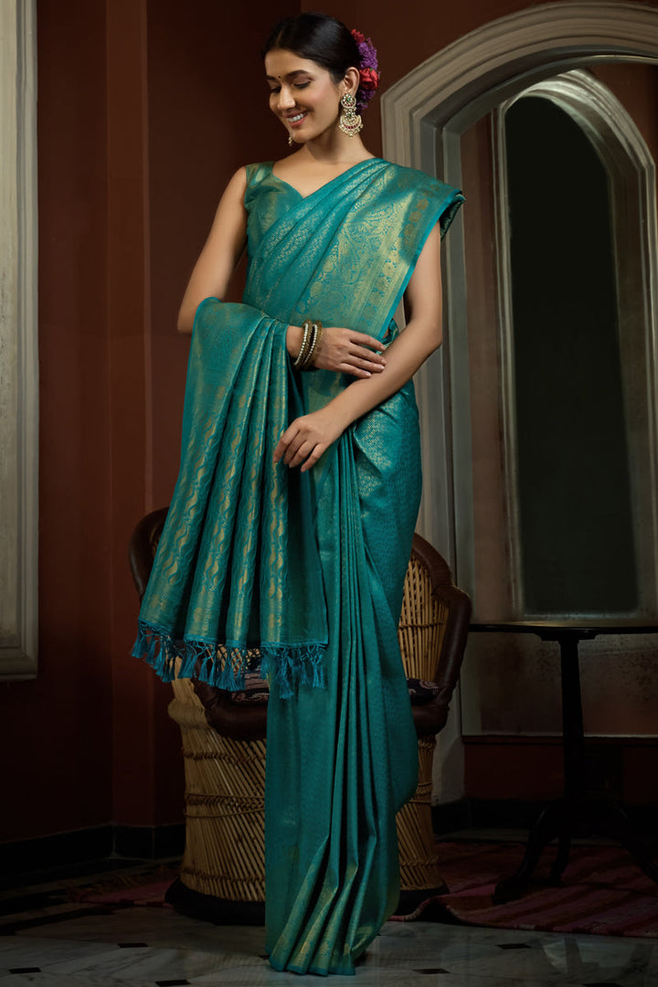 Silk Fabric Teal Color Weaving Designs Saree
