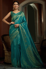Load image into Gallery viewer, Silk Fabric Teal Color Weaving Designs Saree
