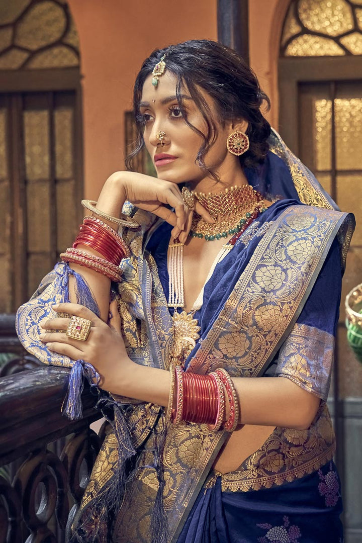 Alluring Banarasi Art Silk Fabric Blue Color Weaving Work Saree