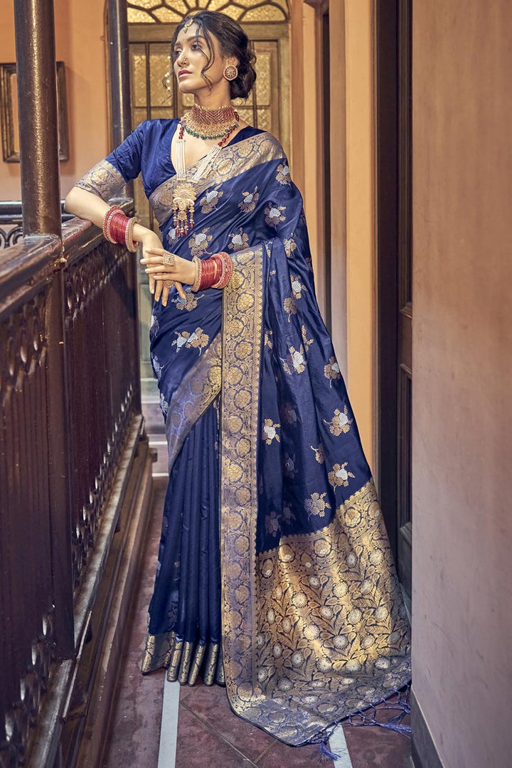 Alluring Banarasi Art Silk Fabric Blue Color Weaving Work Saree