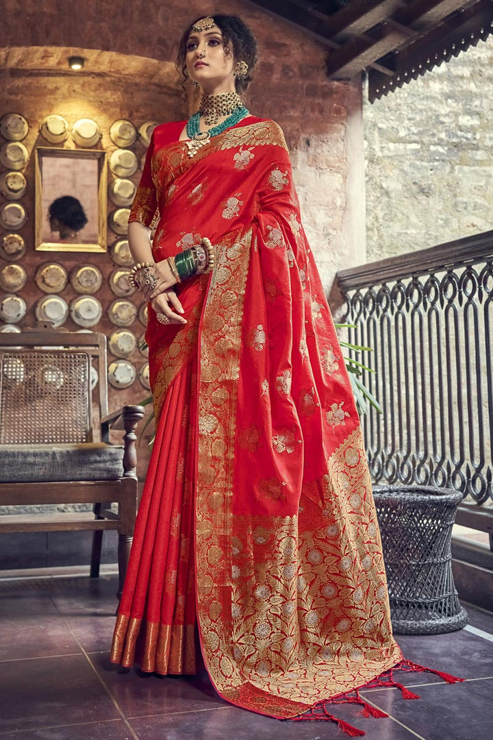 Excellent Banarasi Art Silk Fabric Red Color Weaving Work Saree